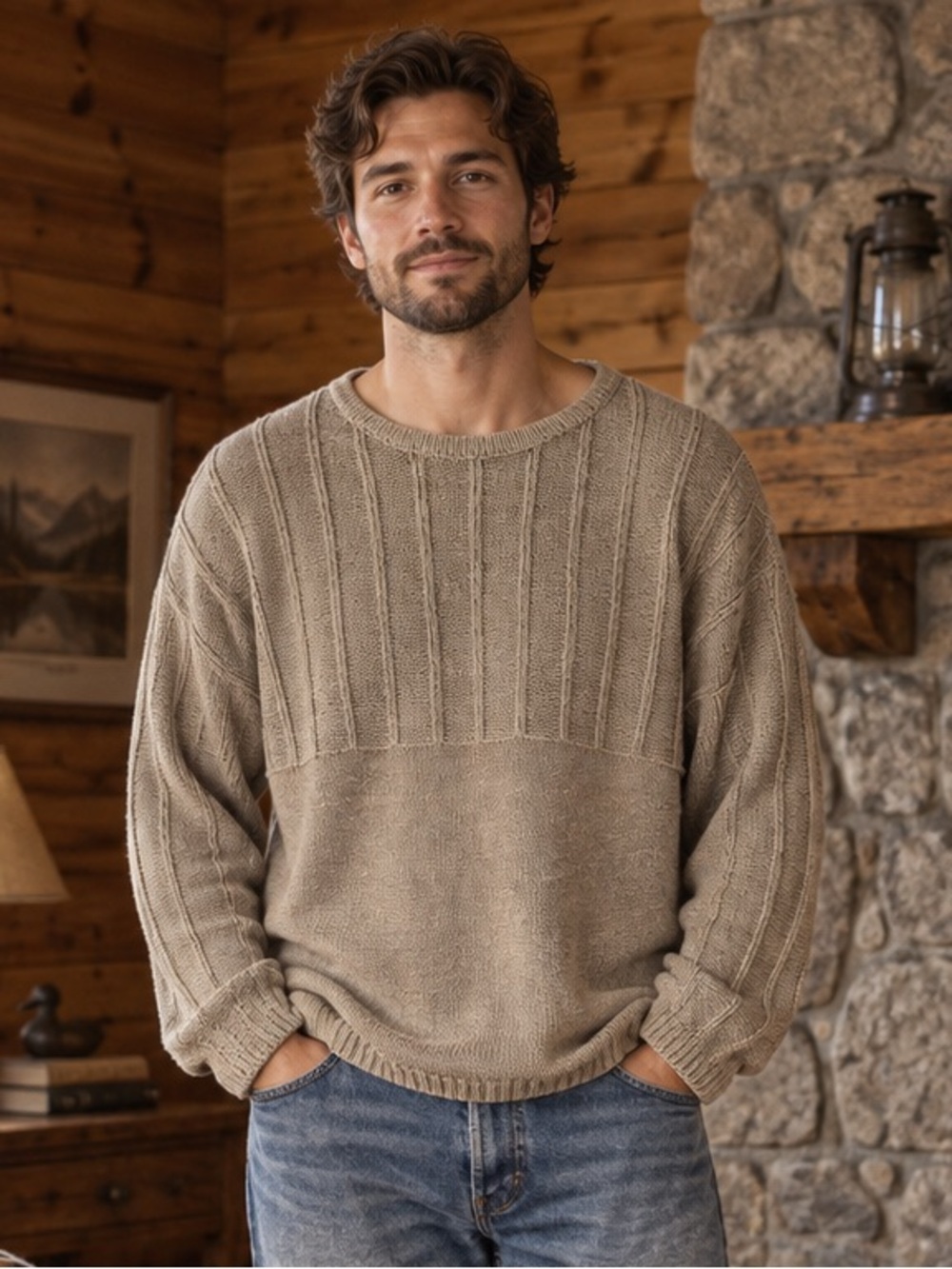 GAP Men L Linen Cotton Textured Crewneck Knit Sweater Beige Grandpa Coastal Soft